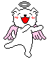 Pixelated white dog with pink wings and halo in various dancing poses against gray background.