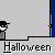 Pixel art animation of a Halloween-themed interaction between two characters, one in gray and black clothing offering treats to another character in blue uniform.