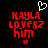 Pixelated red text 'KAYLA LOVESZ HIM' on black background with white heart above and red pixel heart below, two versions differ in heart position.