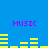 Blue background with four instances of purple 'MUSIC' text and yellow horizontal bars in a digital equalizer pattern.