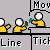 Pixel art scene with multiple figures in yellow shirts and blue pants, showing movie ticket purchase and dinner activities on a gray background.