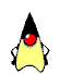 Animated yellow character with black pointed hat and red circular eye, performing sequential hand gestures against gray background.