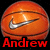 A pixelated orange basketball with a silver Nike swoosh logo, featuring the name "Andrew" in red text below it on a black background.