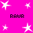 Bright pink background with white star shapes and black pixelated text reading RAWR in four positions.