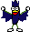 Pixelated character with blue body, yellow beak, red mouth, green arms and legs, white shoes, black eyes, and dark blue bat-like ears stands against gray background.
