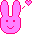 Two pink pixelated bunny heads with red outlines face each other, emitting small heart shapes from their mouths against a gray background.