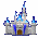 Pixelated image of a gray castle with blue accents, a blue crown, blue text reading 'Harrison Castle', and a pixelated figure with brown hair and blue clothing.