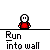 Pixel art animation of a red-shirted figure running into a wall, showing sequential impact frames with motion blur and debris.