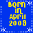 Blue background with yellow text reading "BORN IN APRIL 2009" in four quadrants, white dotted lines and snowflake symbols at intersections.
