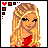 A 4x3 contact sheet of a pixel art animated icon featuring a blonde doll character with red dress, showing frame-by-frame changes including facial expressions and text overlays like 'happy' and 'V-day!'