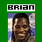 Green background with white rectangle containing black text 'BRIAN' above pixelated portrait of person with dark hair and neutral expression.