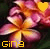 A pixelated flower with pink and orange petals, a yellow center, and the text 'Gina' in yellow at the bottom; one version has a yellow heart symbol above the flower while another shows a red heart.