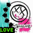 A circular icon with a stylized face, pink accents, and black dots on a teal background; the word 'LOVE' appears in green text.