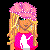Pixel art contact sheet showing three frames of a blonde doll character in pink attire with text elements and red lips graphic on black background.