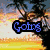 Pixelated beach scene with palm tree and sunset, featuring blue text overlays reading 'Going' and 'To' in top , and 'HOLLYWOOD' in bottom