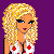 Pixel art of a blonde woman in a white and blue outfit with red accents, standing against purple background with repeated "Hottie" text.
