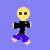 Pixelated character with yellow head, black shirt, purple pants, and pink feet in three distinct poses against solid blue background.