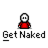 Animated contact sheet of a pixel art character in red and white clothing with multiple frames showing changing poses, text bubbles, and repeated "Get Naked" text below each frame on gray background.