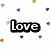 Animated icon with 'Love' and 'Laugh' text, floating hearts, pixelated color blocks, and a vertical wordwall of 'hug', 'laugh', 'smile', 'love'.