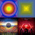 Four distinct pixelated square images arranged in a 2x2 grid: top-left with concentric rings of blue, purple, orange, and green; top-right with yellow-green squares; bottom-left with a gray circle on a gradient background; bottom-right with red and pink pixelated shapes.