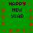 Green background with red square accents and black pixelated text reading 'HAPPY NEW YEAR' in two , repeated four times across the image