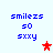 Blue pixelated text 'smilezs so sxxxy' appears above a red star icon on light blue background, with pink variant visible in adjacent frame.