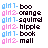 Pixelated text-based icons display alternating blue 'gld1-' and pink 'gld2-' prefixes with black words like 'boo', 'orange', 'squimd', 'hipple', 'book', 'mall', 'love', 'badng random', 'me 2', 'hippo', 'peanut', ':P'