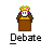 Pixel art of a crowned figure behind a podium with text labels 'Debate' and 'Queen' below each respective view.