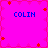 A static image with four identical quadrants displaying the name "COLIN" in blue pixelated text on a bright pink background with red star-like shapes scattered throughout.