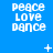 Blue background with white pixelated text reading "peace love dance" in three , plus small white symbols scattered across the image