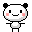Pixelated cartoon panda with black ears, pink cheeks, and a smiling mouth in two poses against gray background.