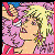 Pixelated anime-style icon with pink and yellow tones showing a character's face in profile, surrounded by abstract floral or decorative elements.
