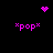 Pixelated pink heart, four 'pop' text labels with asterisks, and two starburst patterns on black background.