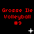 Red pixelated text "Grosse Ile Volleyball #9" repeated across three on black background with white star and dot animations