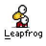 Animated contact sheet of 16 pixel art frames showing a stick figure character performing various actions with another figure, all labeled "Leapfrog" below each frame.