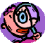 Animated cartoon character with pink skin and purple hair holds a magnifying glass, transitioning from examining to holding an open book.