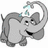 Pixelated gray elephant with trunk curled upward, standing on white background, next to blue text reading 'Y Didn't The Elephant Go Swimming Cause He Forgot His Trunks! lol By Marissa'.