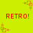Yellow background with red pixelated text and orange square patterns in a