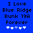 Blue background with black pixelated text reading "I Love Blue Ridge Bunk 19A Forever" and five white plus signs below, where the third sign changes from light blue to white.