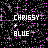 Pixelated text 'CHRISSY + BLUE' on black background with pink starbursts, displayed in three identical