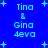 Blue background with light blue text reading "Tina & Gina 4eva" and scattered light blue plus signs, displayed in two identical vertical