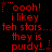 Red pixelated text on black background repeats 'oooh! i likey teh stars... they is purdy!' with star symbols, arranged in three