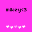 Pixelated text 'mikey<3' above five white and pink plus signs on a solid magenta background.