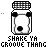 Pixel art icon of a jar with panda face, text 'SHAKE YA GROOVE THANG' below, animated color changes in the word 'GROOVE'.