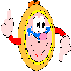 Two identical cartoon figures in oval frames with orange tops, red arms, blue mustaches, and pink cheeks; one figure points index finger up while the other's hand is hidden behind a central X shape.