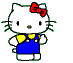 Pixelated Hello Kitty character with red bow, yellow shirt, blue overalls; left pose shows full body standing, right pose shows side view with heart prop.