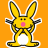 Pixelated yellow bunny mascot with black and white outlines on orange background, standing upright with arms outstretched and pink nose.