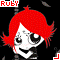 Pixelated character with red hair and white face against black background, multiple instances of text "RUBY" in red and white.