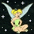 A 4-frame contact sheet of a pixelated Tinker Bell character with yellow hair, green dress, and translucent wings against a black background with white stars.