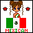 Pixel art contact sheet showing two animated frames of a cartoon girl with brown braided hair standing behind a Mexican flag, with star icons changing color between frames.